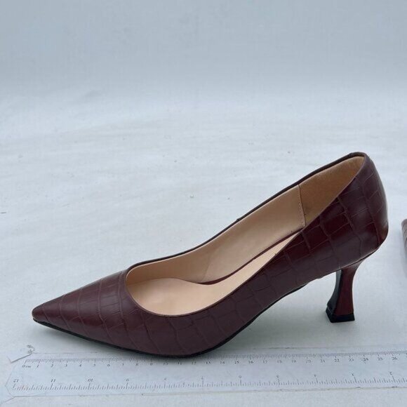 FOWT Simple Solid Croc-Embossed Pointed Toe Black Pumps for Women  Brown - Picture 2 of 7